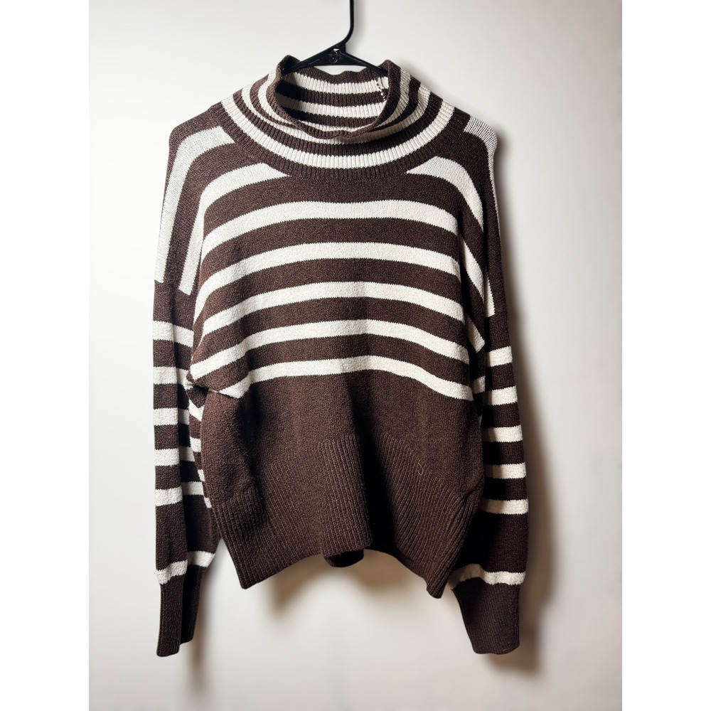 A New Day Womens Striped Turtleneck Sweater Size L Brown White Long Sleeve